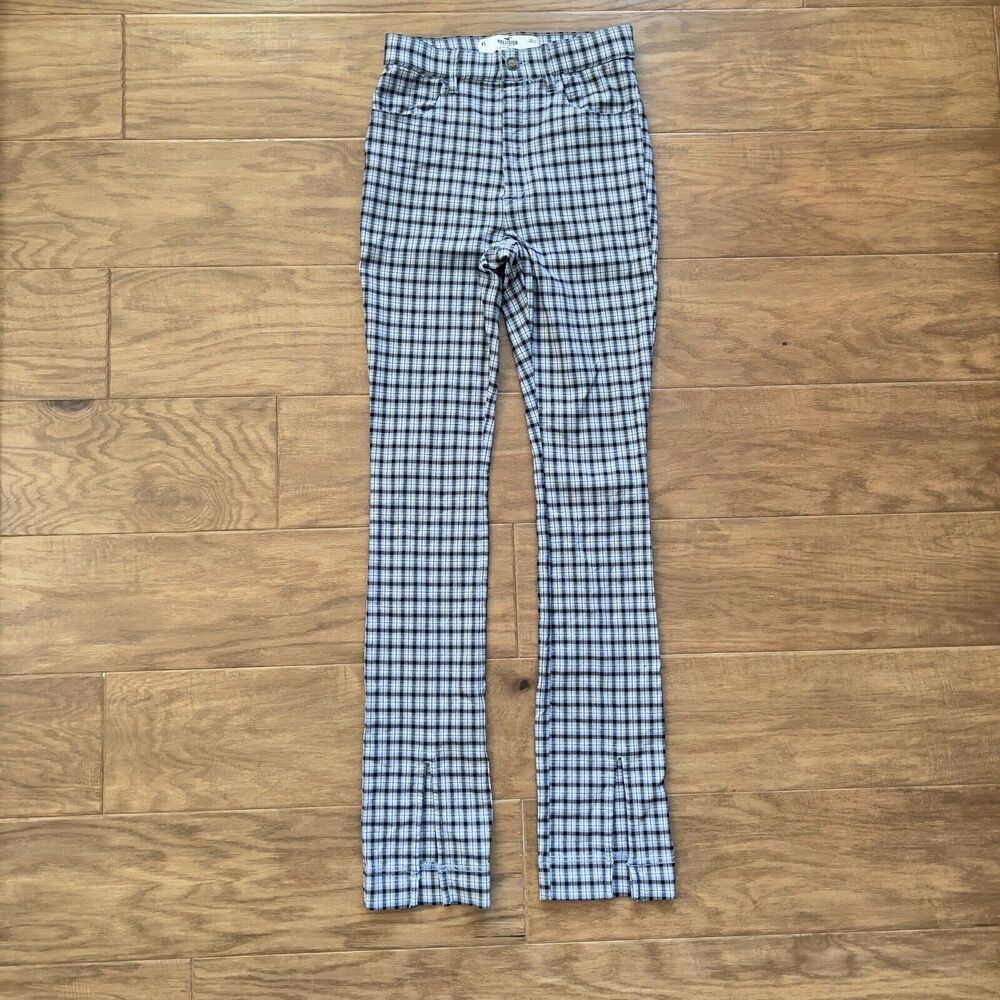 Hollister Pants Size XS Blue Black White Ultra High-Rise Plaid Straight Leg Slit